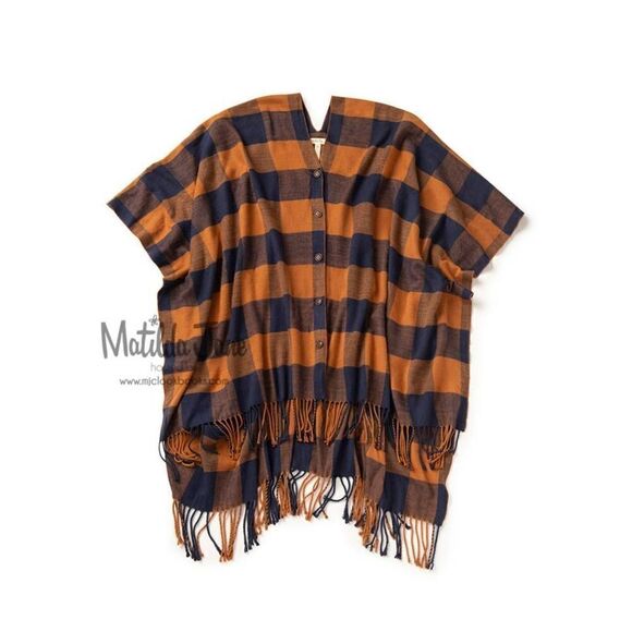 Matilda Jane Warm Sunset Button Front Poncho One Size Navy Blue Rust Orange Plai - Picture 1 of 8